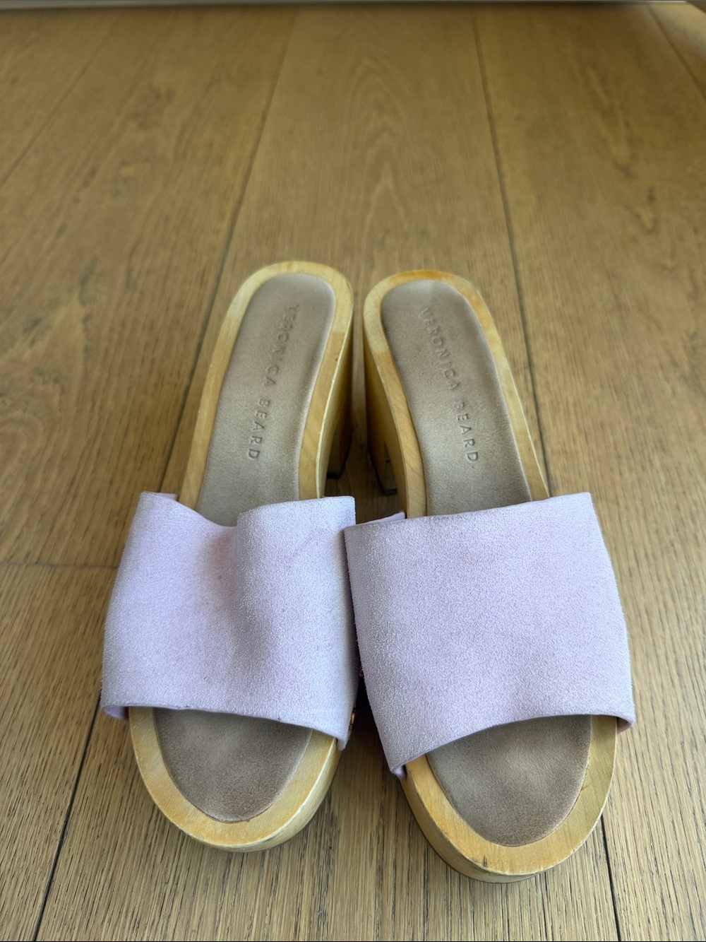Veronica Beard Light Pink Suede Wooden Block Heel Mules